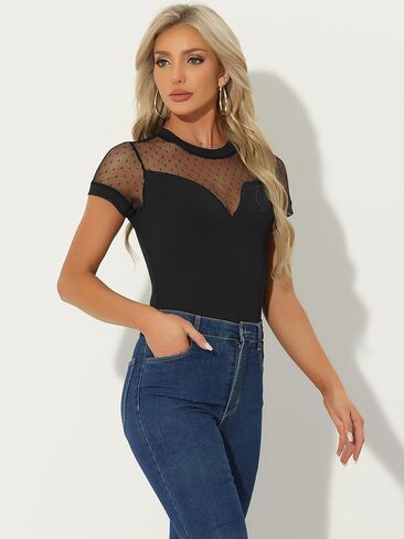 Allegra K Short Sleeve Bodysuit for Women's Mesh Panel V Neck Casual Knit Top in Saudi Arabia