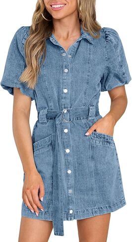 Fisoew Womens Denim Mini Dress Button Down Casual Belted Puff Short Sleeve Jean Dress with Pockets in Saudi Arabia