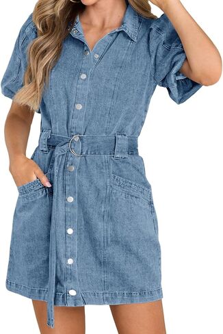 Fisoew Womens Denim Mini Dress Button Down Casual Belted Puff Short Sleeve Jean Dress with Pockets in Saudi Arabia