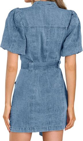 Fisoew Womens Denim Mini Dress Button Down Casual Belted Puff Short Sleeve Jean Dress with Pockets in Saudi Arabia