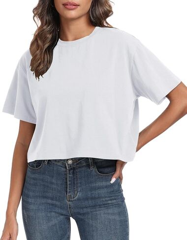 PRIMODA Women's Oversized Workout Cropped T Shirts Crew Neck Short Sleeve Casual Loose Summer Crop Tee Tops Cotton in Saudi Arabia