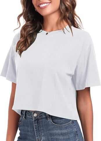 PRIMODA Women's Oversized Workout Cropped T Shirts Crew Neck Short Sleeve Casual Loose Summer Crop Tee Tops Cotton in Saudi Arabia