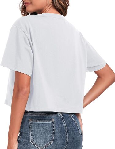 PRIMODA Women's Oversized Workout Cropped T Shirts Crew Neck Short Sleeve Casual Loose Summer Crop Tee Tops Cotton in Saudi Arabia