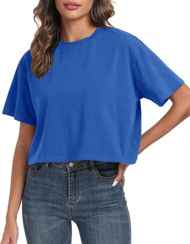 PRIMODA Women's Oversized Workout Cropped T Shirts Crew Neck Short Sleeve Casual Loose Summer Crop Tee Tops Cotton in Saudi Arabia