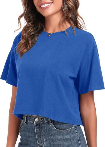 PRIMODA Women's Oversized Workout Cropped T Shirts Crew Neck Short Sleeve Casual Loose Summer Crop Tee Tops Cotton in Saudi Arabia