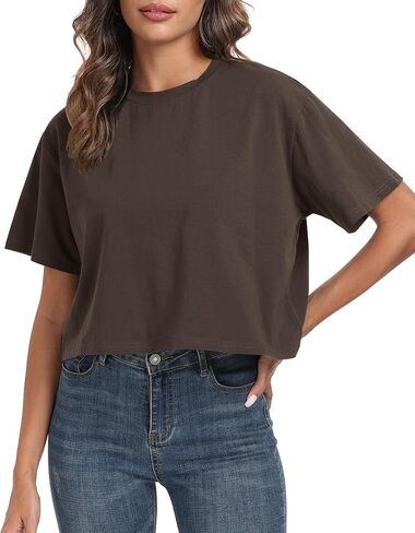 PRIMODA Women's Oversized Workout Cropped T Shirts Crew Neck Short Sleeve Casual Loose Summer Crop Tee Tops Cotton in Saudi Arabia