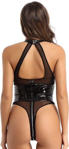 ملابس داخلية نسائية بدون أكمام بفتحة مفتاح معدنية من الجلد الشبكي تيدي ملابس داخلية بسحاب إغلاق كلوبوير in Kuwait