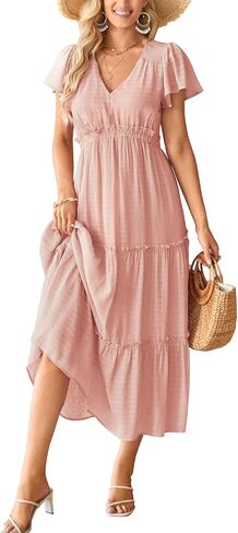 فستان طويل متدرج موضة صيف 2024 للسيدات من VOTEPRETTY بوهو للشاطئ ورقبة على شكل حرف V وأكمام قصيرة in Kuwait