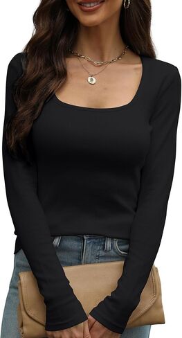 Long Sleeve Shirts for Women Scoop/Square Neck Stretch Slim Ribbed Knit T-Shirt Basic Casual Cotton Tops in Saudi Arabia