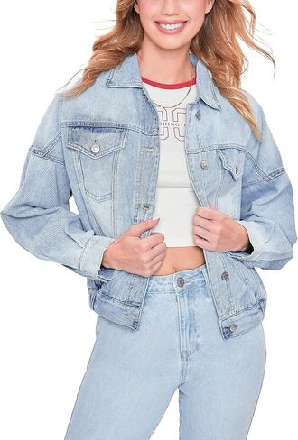 YMI Womens Junior 80's Denim Oversized Jacket, Light Denim, Medium US in Saudi Arabia