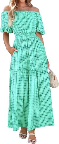 MASCOMODA Off the Shoulder Maxi Dress for Women 2024 Summer Casual Boho Puff Short Sleeve Smocked Ruffle Long Dresses in Saudi Arabia