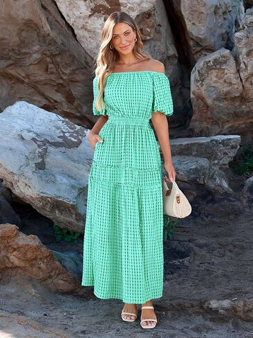 MASCOMODA Off the Shoulder Maxi Dress for Women 2024 Summer Casual Boho Puff Short Sleeve Smocked Ruffle Long Dresses in Saudi Arabia