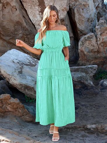 MASCOMODA Off the Shoulder Maxi Dress for Women 2024 Summer Casual Boho Puff Short Sleeve Smocked Ruffle Long Dresses in Saudi Arabia