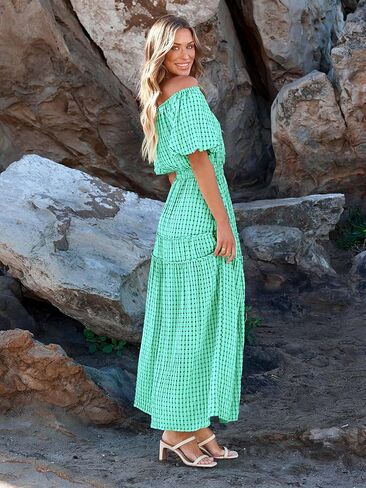 MASCOMODA Off the Shoulder Maxi Dress for Women 2024 Summer Casual Boho Puff Short Sleeve Smocked Ruffle Long Dresses in Saudi Arabia