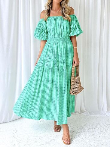 MASCOMODA Off the Shoulder Maxi Dress for Women 2024 Summer Casual Boho Puff Short Sleeve Smocked Ruffle Long Dresses in Saudi Arabia
