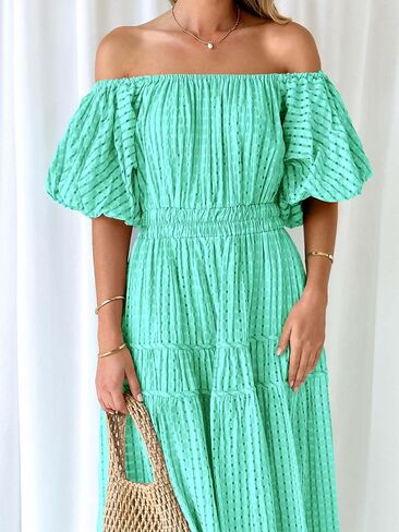 MASCOMODA Off the Shoulder Maxi Dress for Women 2024 Summer Casual Boho Puff Short Sleeve Smocked Ruffle Long Dresses in Saudi Arabia