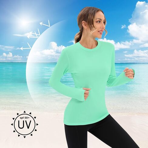 Zando UPF 50+ Sun Protection Clothes Lightwight SPF Shirts Quick Dry Sun Protection Rashguard Long Sleeve UV Shirts Crew Neck UV Protection Top Sun Block Shirt Swimsuits Women Outdoor Green Large in Saudi Arabia
