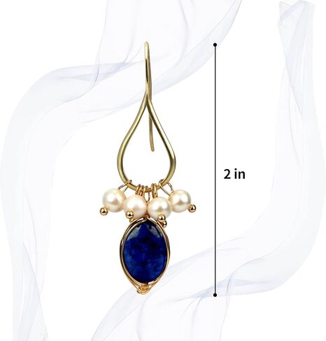 ELEXIS 18k الذهب الكبير الباروك اللؤلؤ اللازورد أقراط للنساء استرخى اليدوية العصرية الزفاف لؤلؤ المياه العذبة شنقا الأقراط لفتاة مخطوبة وصيفة الشرف خمر مجموعة مجوهرات هيبوالرجينيك in Kuwait