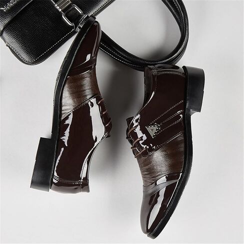 Mens Lace Up Dress Shoes Modern Formal Business Casual Office Suit Tuxedo Patent Leather Oxford Shoes in Kuwait
