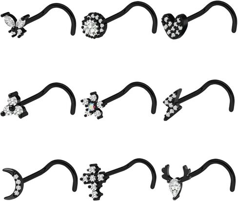Pierstyles 20G Nose Ring Studs for Women Men Black 316L Stainless Steel Flower Heart CZ Nose Ring L Shaped Nose Screw Studs Set Nostril Nose Piercing Jewelry in Saudi Arabia