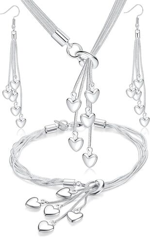 Sanfenly 4 قطع القلب قلادة سوار أقراط للنساء الفضة سلسلة خمسة أسطر مع خمسة القلب سحر القلب مجموعة مجوهرات لعيد الحب هدية عيد الأم in Kuwait