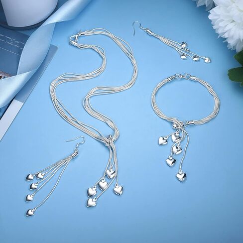 Sanfenly 4 قطع القلب قلادة سوار أقراط للنساء الفضة سلسلة خمسة أسطر مع خمسة القلب سحر القلب مجموعة مجوهرات لعيد الحب هدية عيد الأم in Kuwait