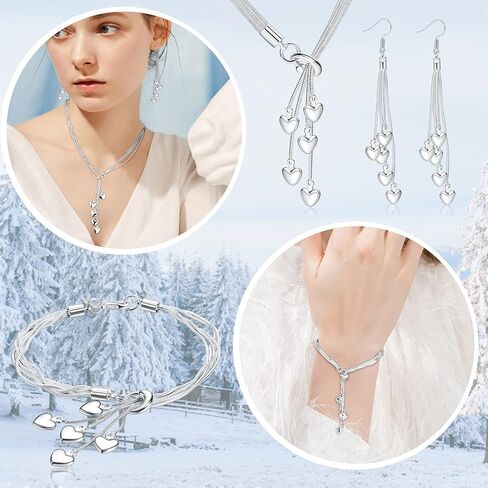 Sanfenly 4 قطع القلب قلادة سوار أقراط للنساء الفضة سلسلة خمسة أسطر مع خمسة القلب سحر القلب مجموعة مجوهرات لعيد الحب هدية عيد الأم in Kuwait