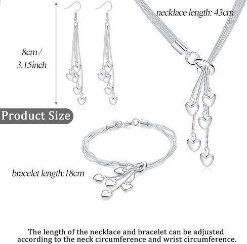 Sanfenly 4 قطع القلب قلادة سوار أقراط للنساء الفضة سلسلة خمسة أسطر مع خمسة القلب سحر القلب مجموعة مجوهرات لعيد الحب هدية عيد الأم in Kuwait