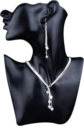 Sanfenly 4 قطع القلب قلادة سوار أقراط للنساء الفضة سلسلة خمسة أسطر مع خمسة القلب سحر القلب مجموعة مجوهرات لعيد الحب هدية عيد الأم in Kuwait