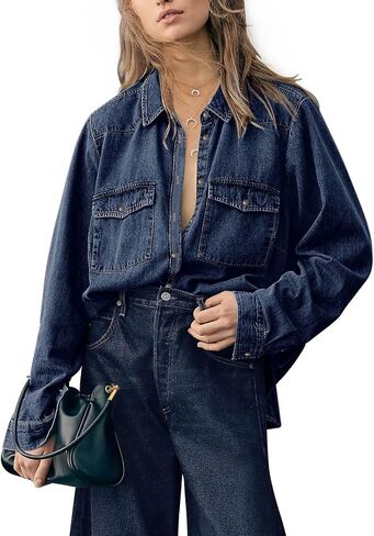 Paintcolors Womens Button Down Denim Shirt Regular Fit Long Sleeve Casual Work Blouses Chambray Tunic Tops Jacket with Pocket in Saudi Arabia