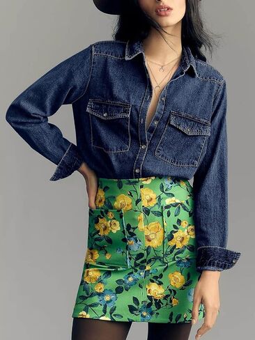 Paintcolors Womens Button Down Denim Shirt Regular Fit Long Sleeve Casual Work Blouses Chambray Tunic Tops Jacket with Pocket in Saudi Arabia