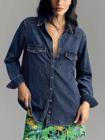 Paintcolors Womens Button Down Denim Shirt Regular Fit Long Sleeve Casual Work Blouses Chambray Tunic Tops Jacket with Pocket in Saudi Arabia