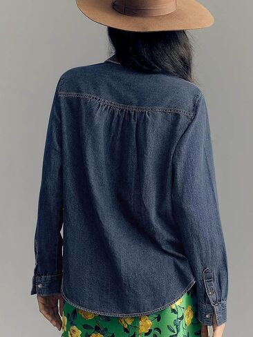Paintcolors Womens Button Down Denim Shirt Regular Fit Long Sleeve Casual Work Blouses Chambray Tunic Tops Jacket with Pocket in Saudi Arabia