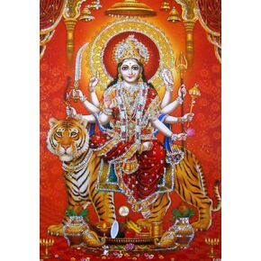 Crafts of India Goddess Durga Poster/Reprint Hindu Goddess Sheran Wali Mata Picture with Glitter (Unframed : Size 5"X7" inches)