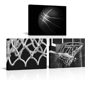OuElegent 3 Panels Black and White Basketball Canvas Wall Art Basketball Hoop Basketball Nets Posters Sport Art Prints Modern Home Decor Framed for Men Boys Room Ready to Hang 12"x16"x3 Pcs (small)