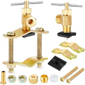 2 Pcs Brass Self Piercing Saddle Valve Copper Self Tapping Valve with 1/4 Inch Compression Outlet for 3/8 to 1-5/16 Inch Water Pipe Supply