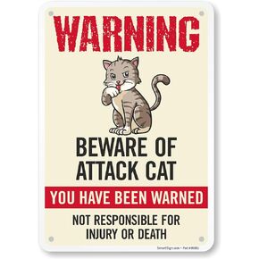 SmartSign Warning Beware of Attack Cat Sign - 10" x 7", 40 mil Laminated Rustproof Aluminum Metal, For Gift, Yard, Cafe, Room, Made in USA