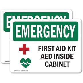 (2 Pack) First Aid Kit AED Inside Cabinet With Symbol OSHA Emergency Sign 10 Inch X 7 Inch Vinyl Label Decal Sticker Weather Resistant, UV Protected for Workplace, Construction Site, Made in the USA