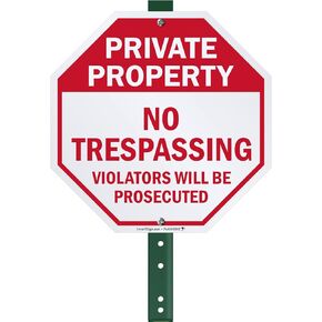 SmartSign "Private Property - No Trespassing, Violators Will Be Prosecuted" LawnBoss® Sign | 10" Octagon Aluminum Sign With 3' Stake