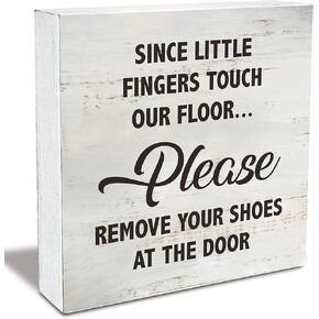 Since Little Fingers Touch Our Floor Remove Shoes Wood Box Sign Rusitc Take Your Shoes Off Wooden Box Sign Farmhouse Home Entryway Porch Desk Shelf Decor (5 X 5 Inch)