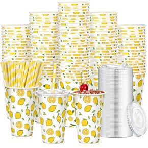 Tessco 150 Pieces/50 Sets Lemonade Cups with Lids and Paper Straws 16oz Disposable Iced Coffee Paper Cup Summer Citrus Cold Cups for Lemonade Stand Supplies Fruit Party Beverages Drinks Juices