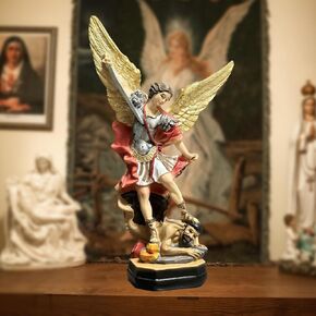 FAIRYVILLE San Miguel Arcangel Statue, St Michael Statue in Bronzed Resin, Saint Michael Statue of Heaven Defeating Lucifer, for Collection Figurines and Home Decoration