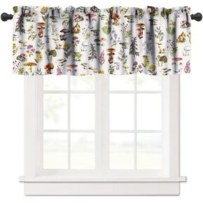 Mushroom Valance Curtain, Boho Floral Rustic Wildflower Herbs Plants Colorful Botanical Green Leaves Pattern Blackout Short Window Treatments for Living Room Girl Bedroom Kitchen, 54x18in