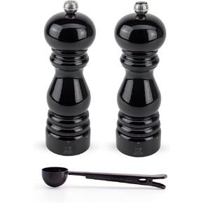 Peugeot Paris u'Select 6 Setting Manual Salt & Pepper Mill Set With Black Stainless Steel Spice Scoop Made In France (White & Black Lacquered, 5- Inch)