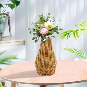 Glass Flower Vase with Rattan Cover, Boho Style Flower Vase Planter, Home Plant Holder, Vintage Floral Container Decor for Table Centerpieces Home Party Decor (L: 13.77x7.48 inch)