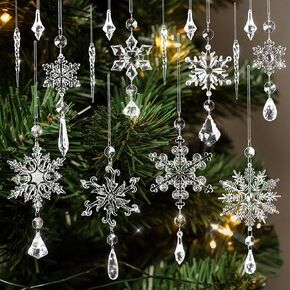 Christmas Tree Ornaments, 16pcs Crystal Snowflake Ornaments Christmas Hanging Decorations Acrylic Icicle Snowflake Drop Pendants Decors for Christmas Tree Winter Wonderland Party New Year Wall Window