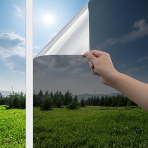 Haton Window Privacy Film One Way Window Tint for Home, Sun Blocking Anti UV Heat Control Reflective Mirror Vinyl, No Glue Static Cling Glass Door Window Covering, Black Silver,35.4 x 78.7 Inches
