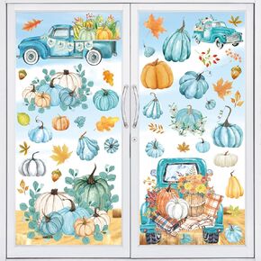 Whaline 9 Sheet Fall Window Clings Watercolor Pumpkin Double-Sided Window Decals Blue Pumpkins Maple Leaves Truck Decorative Window PVC Stickers for Glass Window Fall Autumn Party Home Decor Supplies