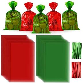 210 Pieces Christmas Cellophane Bags Christmas Treat Bags Candy Cookies Gift Bags with 210 Pieces Twist Ties for Christmas Theme Party Supplies 6 x 9 Inch (Red, Dark Green)