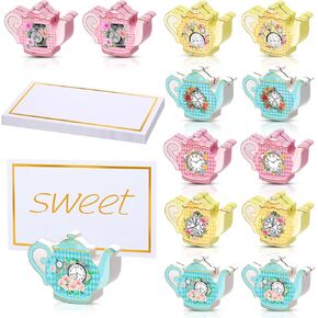 Kigley 18 Pcs Teapot Wooden Place Card Holder with 25 Pcs Gold Foil Card Tea Floral Party Wooden Table Sign Teapot Picture Number Sign Stands Holder for Wonderland Tea Party Baby Shower (Cute)